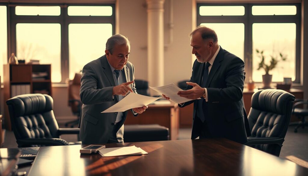A well-lit interior office setting, with a sturdy wooden desk and chairs. In the foreground, two men in professional attire engaged in a tense discussion, one pointing at documents while the other gestures emphatically. Warm, natural lighting filters in through large windows, creating a sense of seriousness and negotiation. The background is slightly blurred, but hints at additional office furnishings and decor, conveying a formal, business-like atmosphere. The expressions on the men's faces suggest a high-stakes negotiation, with neither willing to back down. Subtle tension and uncertainty permeate the scene, reflecting the challenges of negotiating with a roofer over an insurance claim.