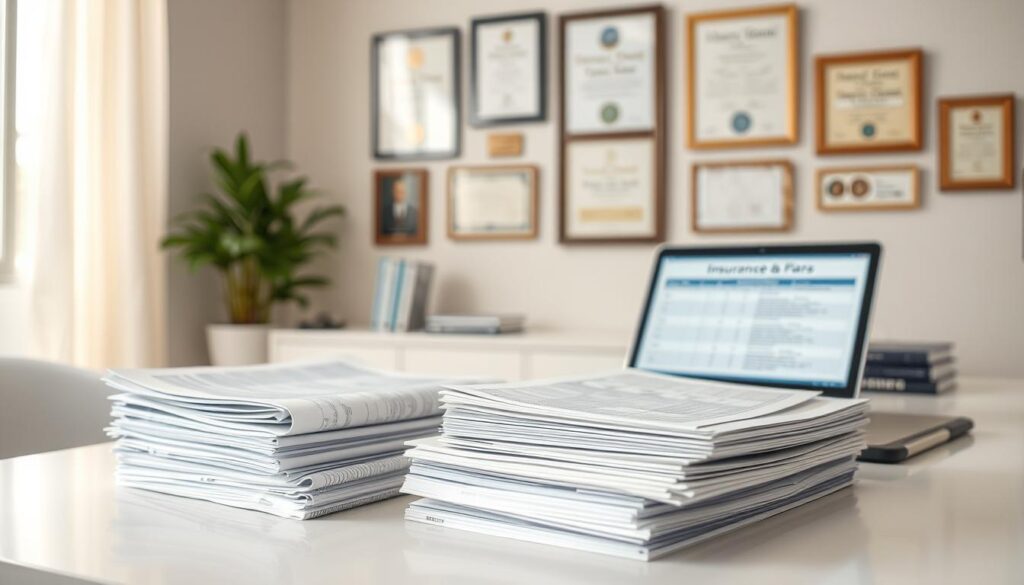 A well-lit interior space showcasing an array of insurance policies, documents, and related items. In the foreground, a stack of insurance forms, policies, and brochures neatly arranged on a clean, modern desk. The middle ground features a laptop or tablet displaying an insurance coverage comparison, while the background depicts a wall adorned with framed certificates and awards, conveying a sense of professionalism and expertise. The lighting is soft and warm, creating a calming and trustworthy atmosphere. The overall composition emphasizes the importance of carefully considering one's insurance coverage options.