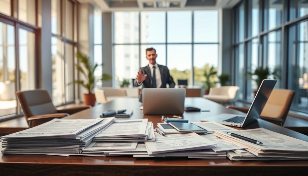 A well-lit, modern office interior with a large desk, comfortable chairs, and a laptop. In the foreground, a variety of insurance documents, including policy forms, insurance cards, and brochures, are neatly arranged on the desk. The middle ground features a businessperson in a suit, gesturing towards the insurance materials, conveying a sense of professionalism and expertise. The background showcases floor-to-ceiling windows, allowing natural light to flood the space and creating a warm, inviting atmosphere. The overall scene conveys a sense of trust, reliability, and comprehensive business insurance coverage.