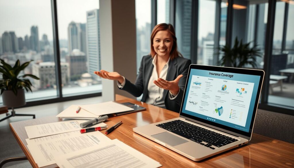 A well-lit, modern office interior with a large desk featuring an array of insurance documents, contracts, and brochures. In the foreground, a laptop displays various insurance coverage options, with clear visualizations and infographics. The middle ground showcases a professional, smiling agent gesturing towards the laptop screen, ready to explain the available insurance plans. The background features floor-to-ceiling windows overlooking a bustling city skyline, conveying a sense of security and trust. The scene is illuminated by a warm, natural lighting that casts a soft glow, creating a welcoming and informative atmosphere.