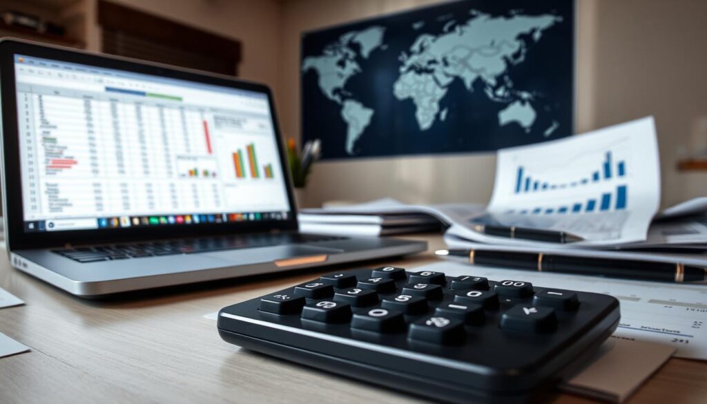 A well-lit office desk with a calculator, pen, and financial documents arranged neatly. In the foreground, a calculator displays figures representing tail insurance needs calculations. The middle ground features a laptop open to a spreadsheet, with charts and graphs visualizing the data. In the background, a world map hangs on the wall, subtly suggesting the global considerations of tail insurance. The overall atmosphere is professional, precise, and informative, guiding the viewer through the process of calculating tail insurance requirements.
