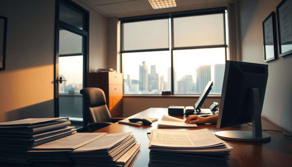 A well-lit office interior with a desk, computer, and stacks of documents. In the foreground, a person sits at the desk, engaged in filling out insurance claim forms. The middle ground features a filing cabinet and a telephone. The background showcases a window offering a view of a city skyline, conveying a sense of professionalism and bureaucratic process. The lighting is warm and soft, creating a calm, authoritative atmosphere. The scene captures the administrative aspects of the DUI claim process, with the individual working diligently to navigate the required paperwork and documentation.