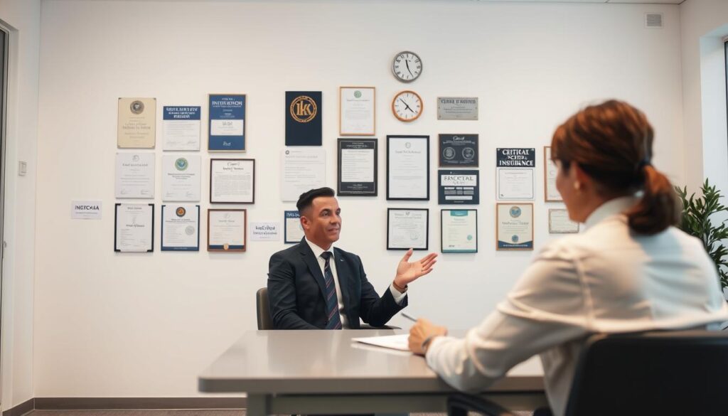 A well-lit office interior with a modern, minimalistic design. In the foreground, a person in a suit sits at a desk, hand gesturing as they discuss options with another person seated across from them. The background features a wall adorned with various certifications and accolades, conveying the adjuster's expertise and professionalism. Soft, diffused lighting creates a calming, authoritative atmosphere, while the clean lines and neutral color palette evoke a sense of trust and reliability. The overall composition suggests a collaborative, consultative process as the two individuals work together to find the best solution for the client's insurance needs.