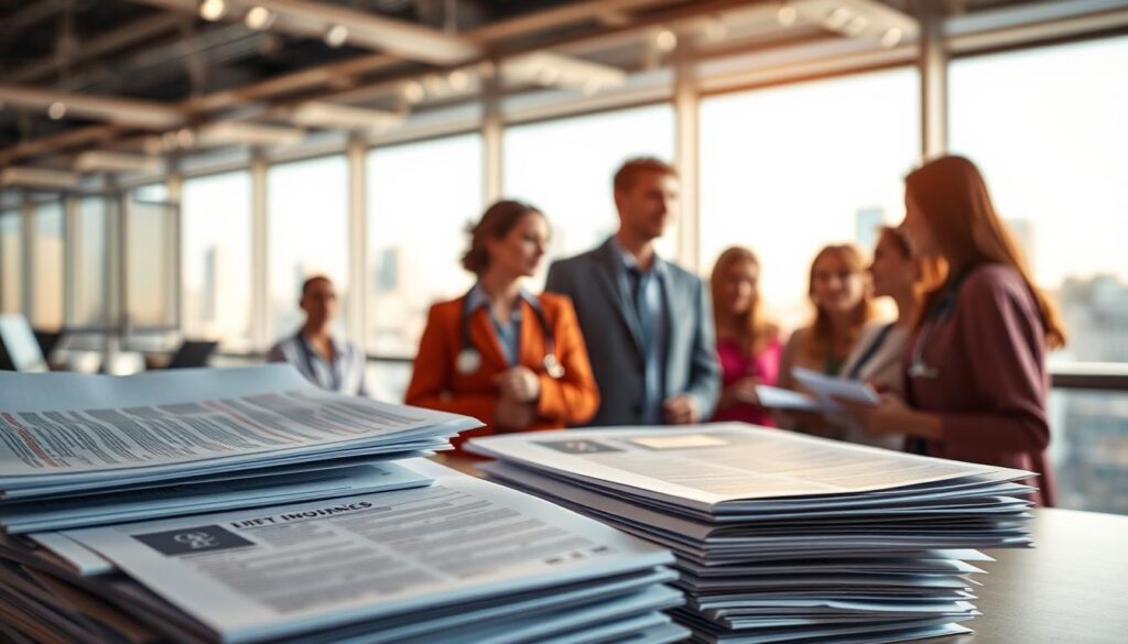 A wide-angle view of the modern healthcare system, its complex web of insurance policies and coverage options. In the foreground, a stack of medical documents and forms, with subtle highlights and shadows conveying their importance. In the middle ground, a group of diverse individuals (patients, healthcare providers, insurance agents) engaged in discussion, their faces reflecting both hope and uncertainty. The background is a softly blurred cityscape, hinting at the broader societal and economic factors influencing the healthcare landscape. The lighting is warm and inviting, creating a sense of exploration and discovery. The lens captures the scene with a sense of depth and balance, inviting the viewer to dive deeper into the intricacies of medical insurance coverage.