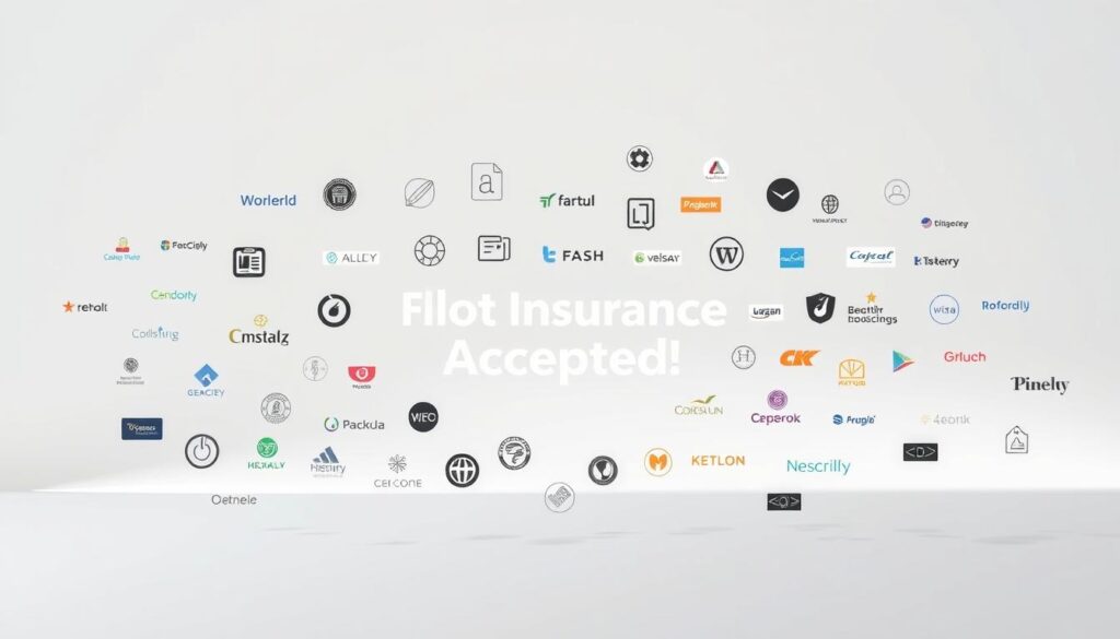 An expansive array of insurance icons and logos, each emblazoned with their distinctive branding, float gracefully against a serene, minimalist backdrop. Soft, diffused lighting illuminates the scene, creating a sense of harmony and professionalism. The arrangement suggests a comprehensive coverage of mental health services, conveying the idea of a wide range of insurance plans accepted. The composition is balanced and visually appealing, drawing the viewer's eye towards the center of the frame, where the key message is prominently displayed.