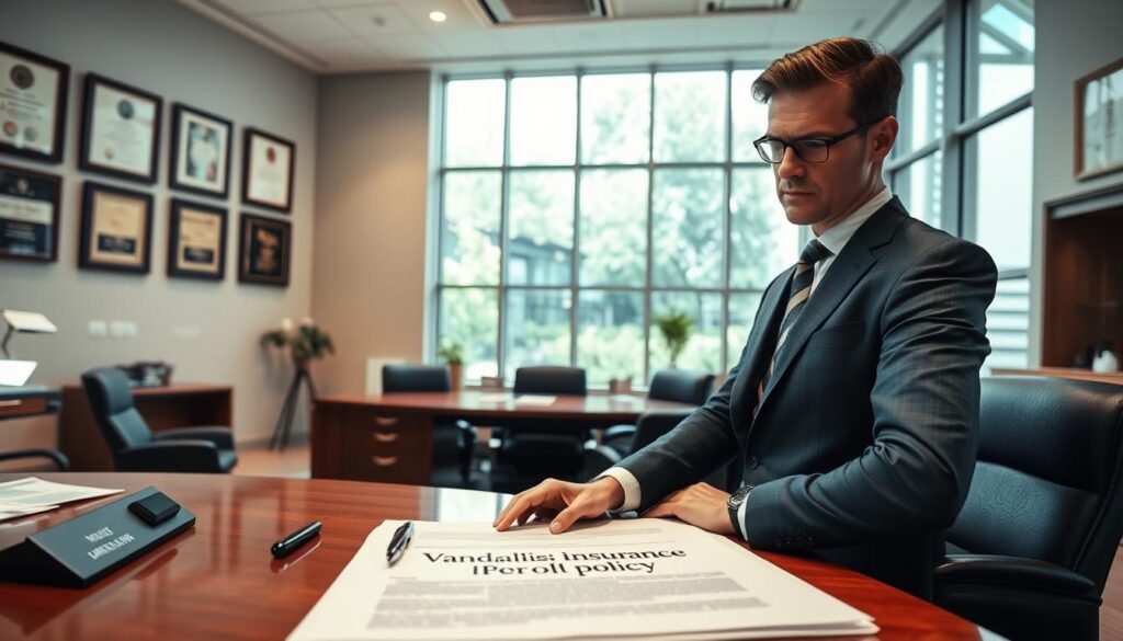 An expansive office interior with large windows, filled with natural light. On a polished wooden desk, a stack of documents labeled "Vandalism Insurance Policy" sits next to a pen and a nameplate. The walls are adorned with framed certificates and industry awards, conveying a sense of professionalism and expertise. In the foreground, a business person in a tailored suit examines the policy, their expression a mixture of concentration and reassurance. The overall scene radiates a calm, authoritative atmosphere, reflecting the importance of securing vandalism coverage for a thriving enterprise.