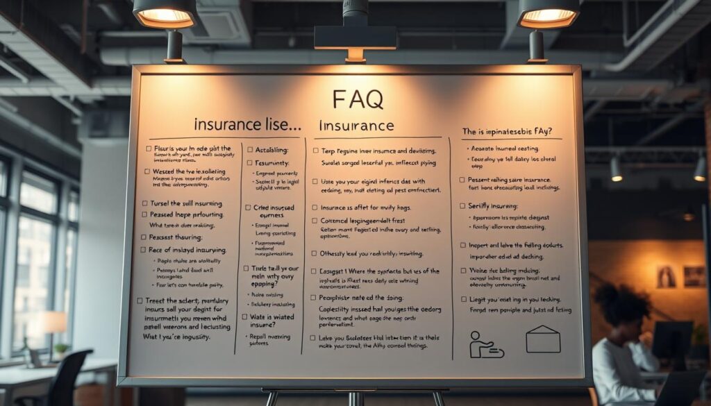 Detailed insurance FAQs displayed on a large whiteboard in a modern, minimalist office setting. Warm, directional lighting illuminates the board, creating a sense of clarity and focus. The background is a blurred, out-of-focus workspace, emphasizing the FAQs as the center of attention. The board features bullet points, icons, and simple graphics to organize and explain different insurance topics, conveying a sense of informative professionalism. The overall atmosphere is one of approachability and guidance, reflecting the "Simplifying Insurance for Your Rise" theme.