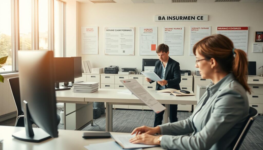Detailed scene of a professional insurance claim process unfolding in a modern office setting. Foreground features a person in a suit sitting at a desk, reviewing documents and speaking on a phone. Middle ground shows an insurance agent assisting the claimant, explaining forms and policies. Background depicts a neatly organized workspace with computers, filing cabinets, and wall displays showcasing insurance coverage details. Bright, natural lighting filters in through large windows, creating a professional and trustworthy atmosphere. Warm color tones, clean lines, and minimal clutter convey efficiency and reliability of the claim handling process.