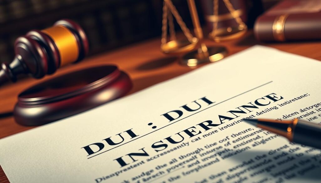 High-contrast, detailed insurance contract with DUI coverage highlighted, set against a blurred background of a courtroom interior with gavel, scales of justice, and legal books. Warm, dramatic lighting illuminates the contract, conveying the gravity and importance of understanding DUI's impact on insurance. The composition emphasizes the insurance document as the focal point, drawing the viewer's attention to the critical details within.