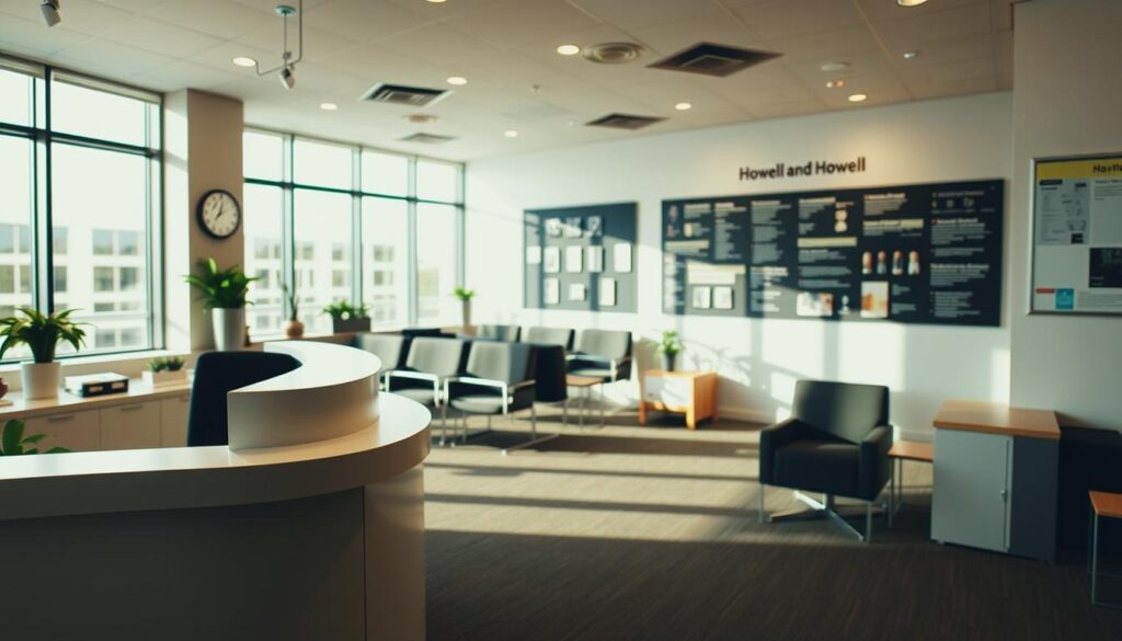 Howell and Howell Insurance Agency FAQs: A vibrant office scene with a warm, inviting atmosphere. In the foreground, a sleek, modern reception desk with minimal decor. Behind it, a large window floods the space with natural light, casting a soft, diffused glow. The middle ground features rows of comfortable chairs and a waiting area, subtly hinting at the professional services offered. In the background, a wall-mounted display showcases the agency's history and achievements, creating a sense of trust and reliability. The overall composition emphasizes the organization's dedication to customer service and attention to detail, reflecting the values of the "Howell and Howell: Protecting Your Future" article.