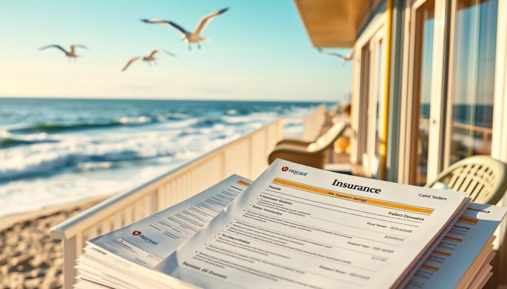 Prompt A cozy beach condo rental against a backdrop of a sun-drenched coastline, with crashing waves and seagulls soaring overhead. In the foreground, a stack of insurance documents highlighting various discounts and savings options for the property, illuminated by soft natural lighting filtering through large windows. The condo's exterior features a vibrant, coastal-inspired color palette, inviting potential renters to explore the possibilities of securing their getaway with the right insurance coverage. The scene conveys a sense of tranquility, financial security, and the allure of a relaxing beachfront retreat.
