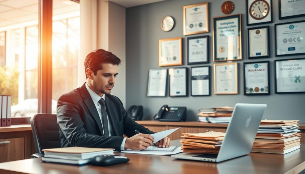 Prompt A professional office setting, with a neatly organized desk, a laptop, a telephone, and a stack of manila folders. Warm, natural lighting cascades through large windows, creating a sense of openness and transparency. In the foreground, a person in a suit sits at the desk, carefully reviewing documents and making notes, conveying a mood of diligence and attention to detail. The background features a wall adorned with insurance-related certificates and awards, establishing the professional credentials of the service provider. The overall scene suggests a streamlined, efficient insurance claims process, where the customer's needs are prioritized and handled with care.