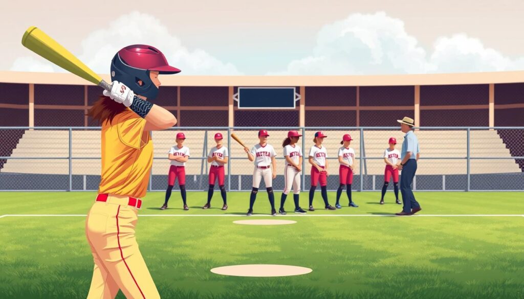 Softball Safety Guidelines: A detailed sports illustration showcasing the essential safety practices for softball players. Depicted in a crisp, realistic style, the foreground features a softball player in proper protective gear - batting helmet, shin guards, and gloves - demonstrating a safe throwing technique. The middle ground highlights a lineup of players practicing drills, with a coach overseeing their form. In the background, the scene is set in a well-lit softball field, with neatly manicured grass and a clear blue sky. The overall atmosphere conveys a sense of structured training, emphasizing the importance of safety and responsible gameplay. Soft, directional lighting casts subtle shadows, adding depth and dimension to the composition.