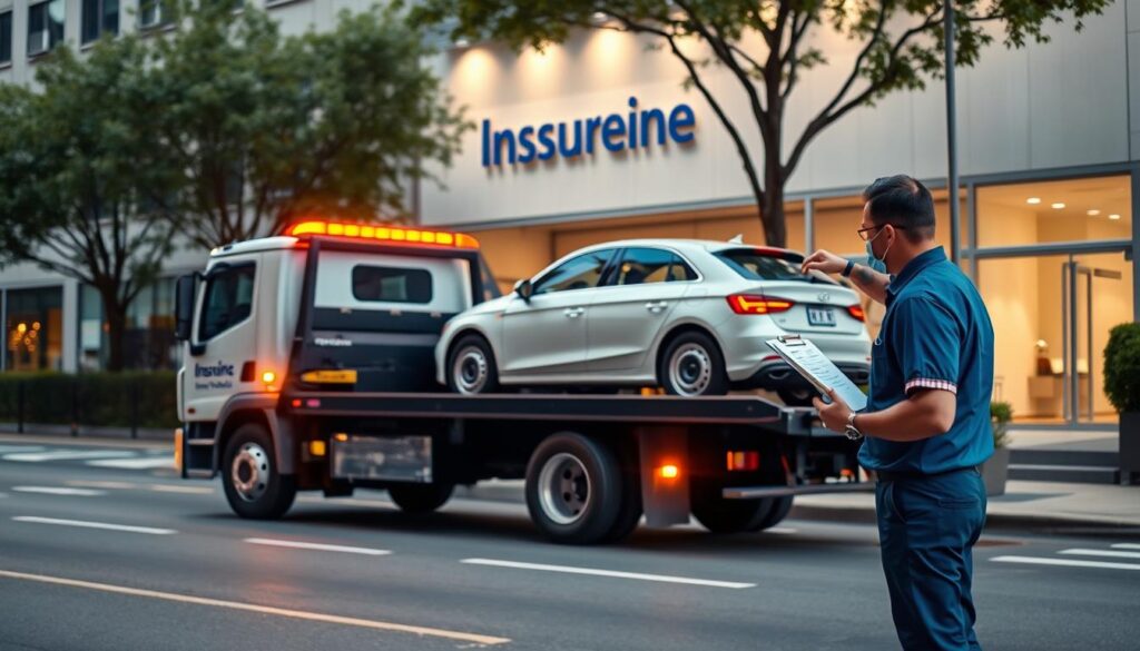 Tow truck parked on a city street, its yellow lights flashing, as a car is being loaded onto the flatbed. In the foreground, a person in a blue uniform speaking with the vehicle owner, a clipboard in hand. In the background, a clean, modern office building with the Insureline logo prominently displayed. Warm, natural lighting illuminates the scene, creating a sense of professionalism and efficiency. The atmosphere conveys a seamless, well-documented claims process, reflecting the "Simplifying Insurance for Your Rise" theme.
