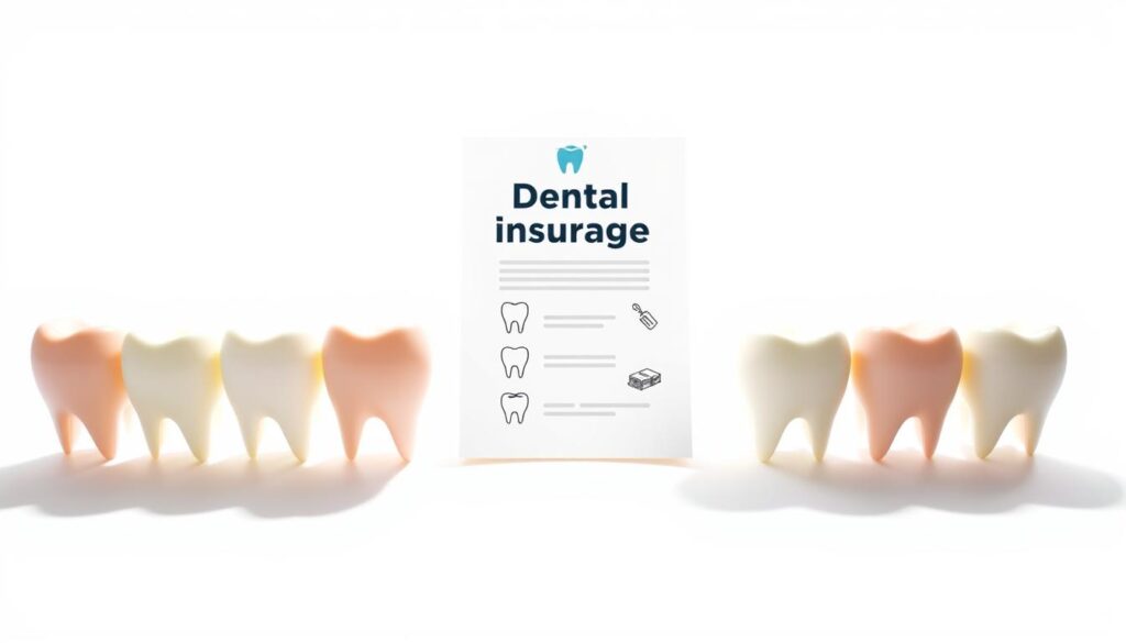 a detailed illustration of simple dental insurance coverage, in a clean and minimalist style. In the foreground, a row of healthy teeth against a bright white background, casting soft shadows. In the middle ground, a document with an insurance logo and the words "Dental Coverage" prominently displayed, surrounded by icons representing common dental procedures like checkups, fillings, and extractions. The background features a subtle pattern of geometric shapes in muted tones, creating a sense of order and structure. The lighting is soft and diffused, creating a calming, professional atmosphere. The overall composition is balanced and visually appealing, highlighting the key details of the dental insurance coverage.