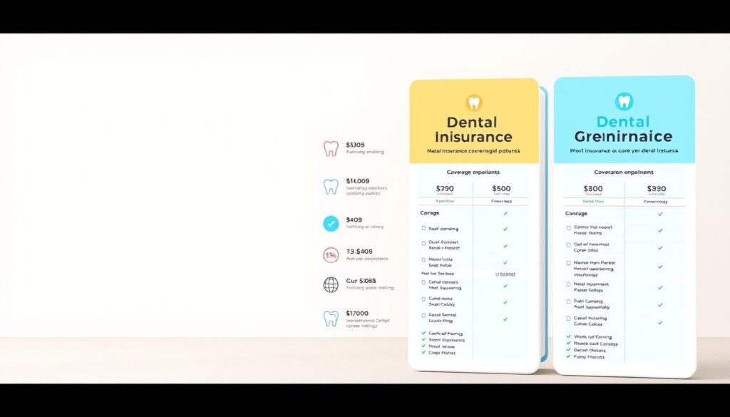 a highly detailed, photorealistic illustration of a dental insurance comparison, with a clean, minimalist design and a focus on displaying key information and features in a visually appealing and organized manner. The foreground should include a side-by-side comparison of two or more dental insurance plans, showcasing their coverage, benefits, and costs in a clear and easy-to-understand format. The middle ground should feature icons, infographics, or other visual elements that highlight the essential factors to consider when choosing a dental insurance plan, such as network size, out-of-pocket expenses, and customer satisfaction ratings. The background should have a soft, neutral color palette, subtle textures, and clean, modern lines to create a professional and trustworthy atmosphere. The overall composition should convey a sense of clarity, reliability, and helpfulness, guiding the viewer through the process of selecting the right dental insurance plan.