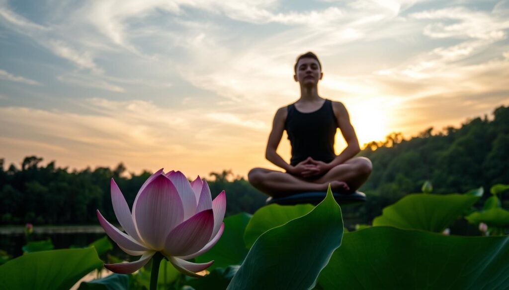 a serene landscape with a lotus flower blooming in the foreground, its delicate petals unfolding against a tranquil lake. the sky is dotted with wispy clouds, bathed in a soft, warm glow from the setting sun. in the middle ground, a person sits cross-legged in a meditative pose, their hands resting gently on their lap, eyes closed in deep contemplation. the background is a lush, verdant forest, its canopy casting gentle shadows across the scene. the lighting is soft and diffused, creating a sense of calm and introspection. the overall mood is one of peace, balance, and the importance of mental well-being.